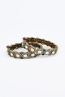 Gold Finish Kundan Polki & Navratna Stone Bangles (Set Of 2)