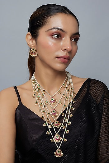 Gold Finish Kundan Polki & Beaded Layered Necklace Set