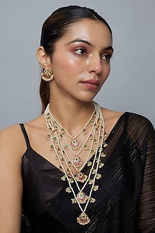 Gold Finish Kundan Polki & Beaded Layered Necklace Set