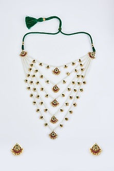 Gold Finish Kundan Polki & Beaded Layered Necklace Set