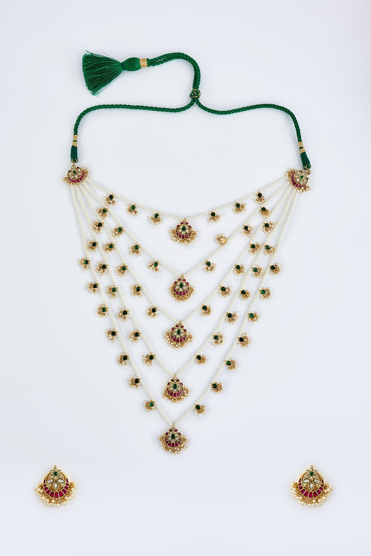 Gold Finish Kundan Polki & Beaded Layered Necklace Set