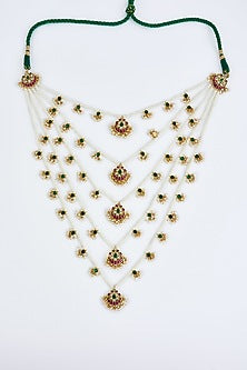 Gold Finish Kundan Polki & Beaded Layered Necklace Set