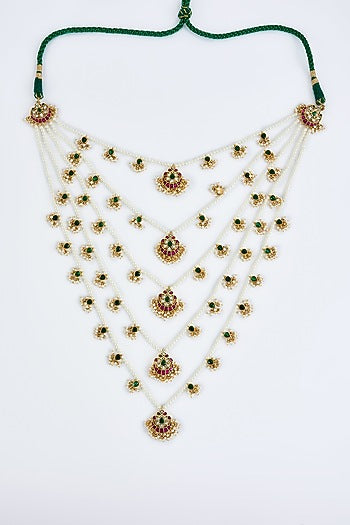 Gold Finish Kundan Polki & Beaded Layered Necklace Set