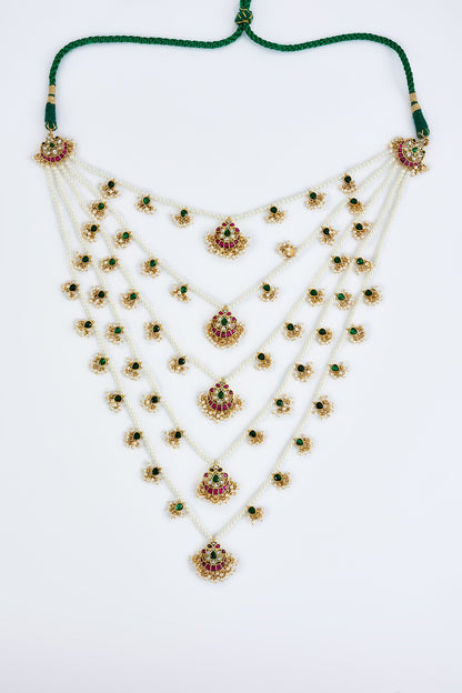 Gold Finish Kundan Polki & Beaded Layered Necklace Set