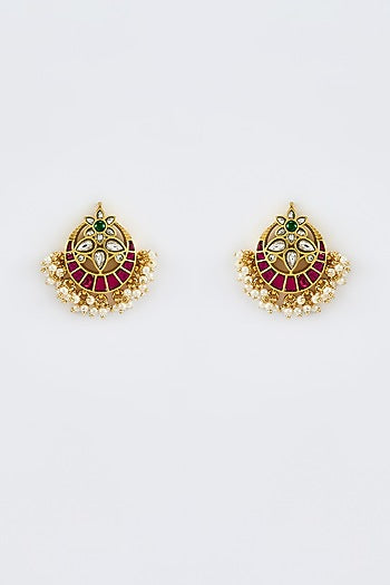 Gold Finish Kundan Polki & Beaded Layered Necklace Set