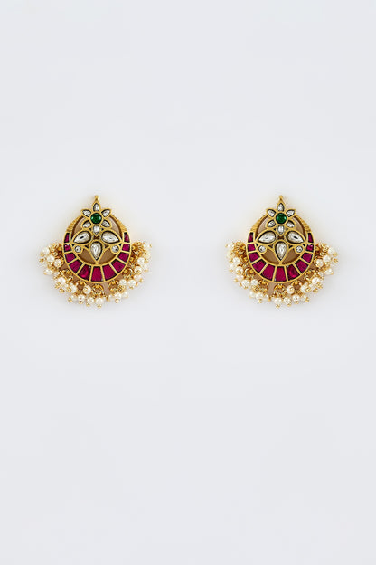 Gold Finish Kundan Polki & Beaded Layered Necklace Set