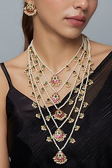 Gold Finish Kundan Polki & Beaded Layered Necklace Set