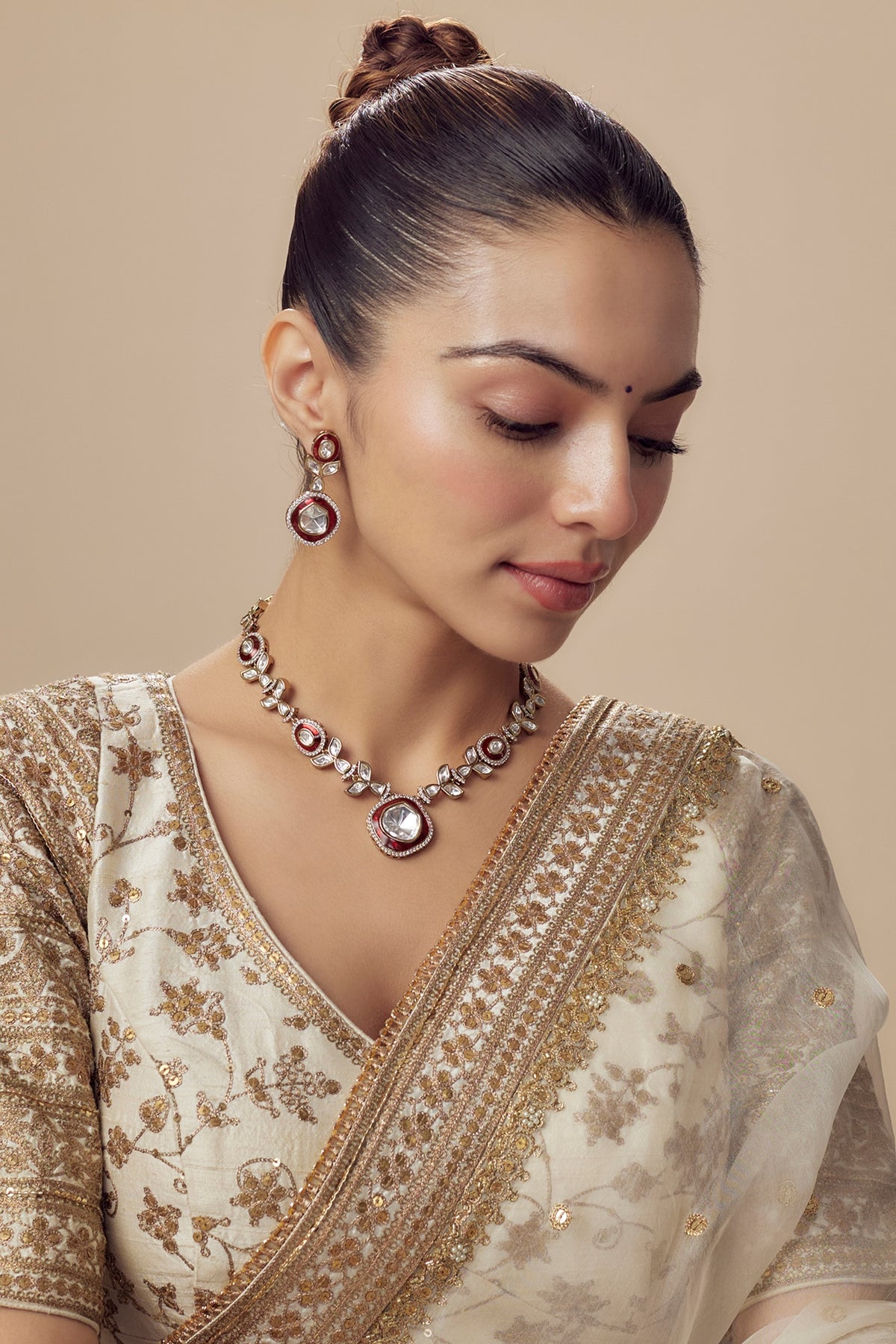 Gold Finish Kundan Polki & Red Stone Long Necklace Set