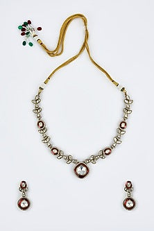Gold Finish Kundan Polki & Red Stone Long Necklace Set