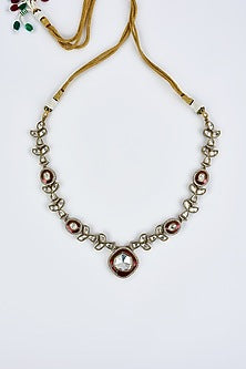 Gold Finish Kundan Polki & Red Stone Long Necklace Set