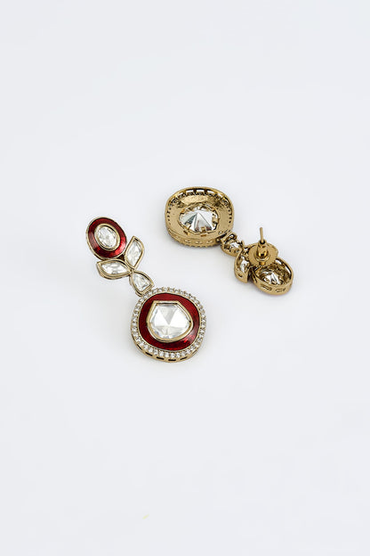 Gold Finish Kundan Polki & Red Stone Long Necklace Set