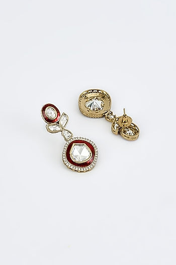 Gold Finish Kundan Polki & Red Stone Long Necklace Set