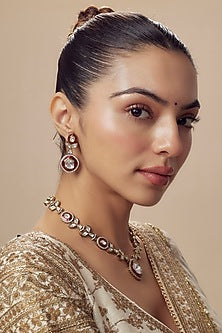 Gold Finish Kundan Polki & Red Stone Long Necklace Set