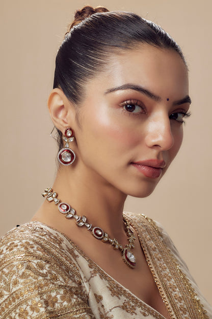 Gold Finish Kundan Polki & Red Stone Long Necklace Set