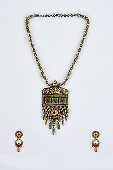 Gold Finish Kundan Polki & Multi-Colored Long Necklace Set
