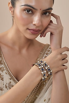 Gold Finish Kundan Polki & Turquoise Stone Bangles (Set Of 2)