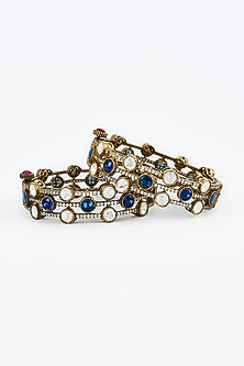 Gold Finish Kundan Polki & Turquoise Stone Bangles (Set Of 2)