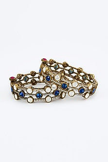 Gold Finish Kundan Polki & Turquoise Stone Bangles (Set Of 2)