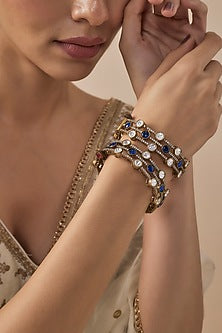 Gold Finish Kundan Polki & Turquoise Stone Bangles (Set Of 2)