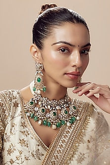 Gold Finish Kundan Polki & Aqua Stone Necklace Set