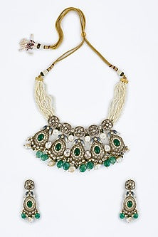 Gold Finish Kundan Polki & Aqua Stone Necklace Set