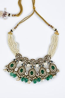 Gold Finish Kundan Polki & Aqua Stone Necklace Set