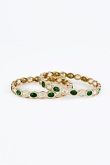 Gold Finish Kundan Polki & Green Stone Bangles (Set Of 2)