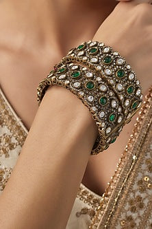 Gold Finish Kundan Polki & Green Stone Bangles (Set Of 2)