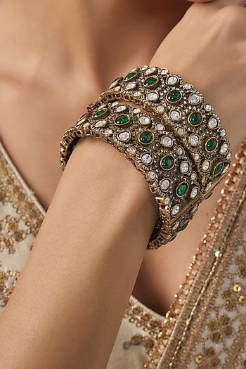 Gold Finish Kundan Polki & Green Stone Bangles (Set Of 2)
