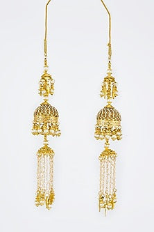 Gold Finish Kundan Polki & Pearl Strand Kaleeras (Set Of 2)