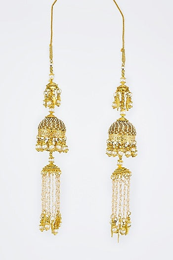 Gold Finish Kundan Polki & Pearl Strand Kaleeras (Set Of 2)