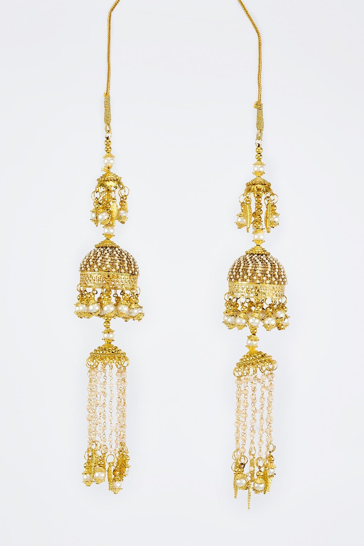 Gold Finish Kundan Polki & Pearl Strand Kaleeras (Set Of 2)