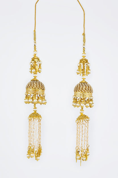 Gold Finish Kundan Polki & Pearl Strand Kaleeras (Set Of 2)