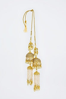Gold Finish Kundan Polki & Pearl Strand Kaleeras (Set Of 2)