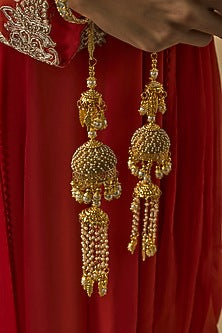 Gold Finish Kundan Polki & Pearl Strand Kaleeras (Set Of 2)