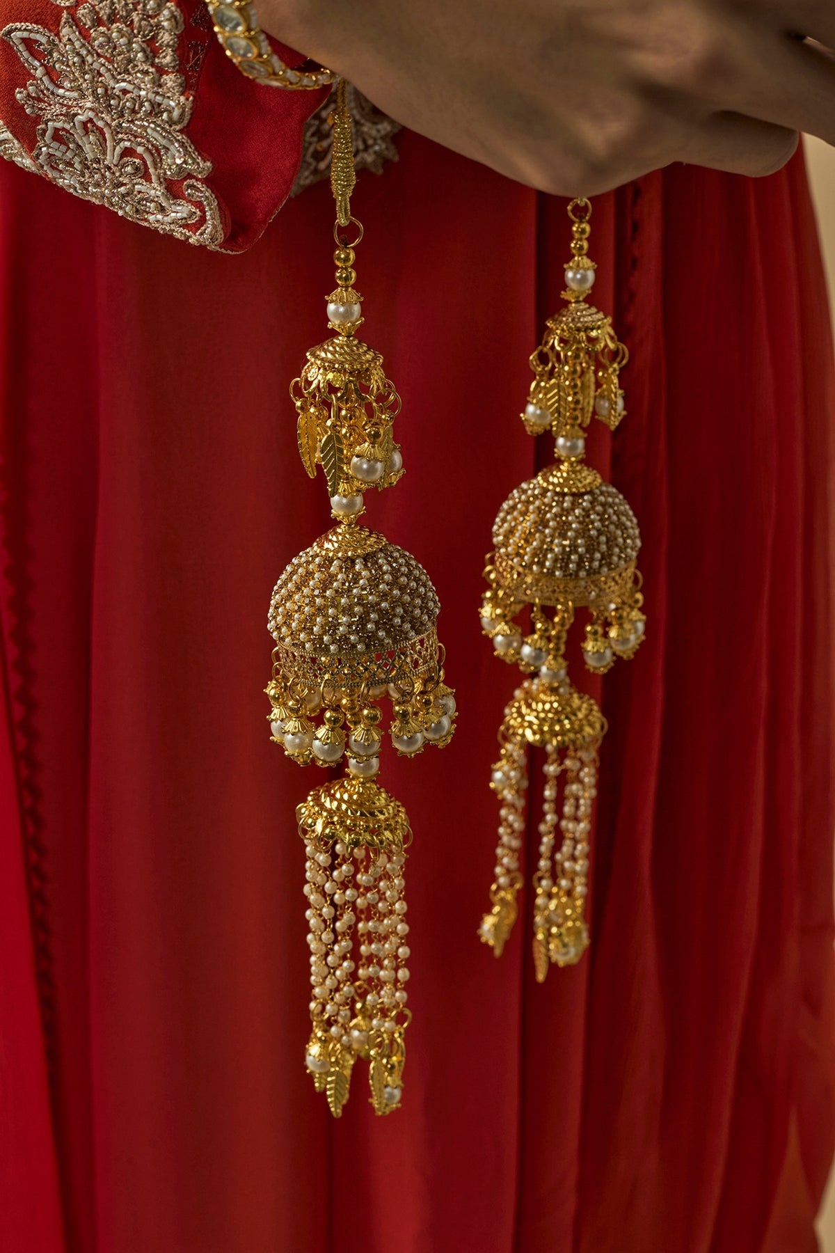 Gold Finish Kundan Polki & Pearl Strand Kaleeras (Set Of 2)