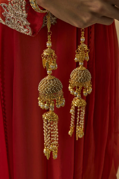 Gold Finish Kundan Polki & Pearl Strand Kaleeras (Set Of 2)
