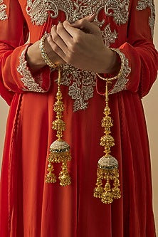 Gold Finish Kundan Polki & Pearl Strand Kaleeras (Set Of 2)