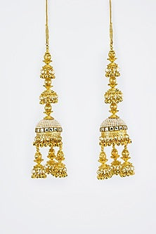Gold Finish Kundan Polki & Pearl Strand Kaleeras (Set Of 2)