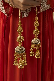 Gold Finish Kundan Polki & Pearl Strand Kaleeras (Set Of 2)