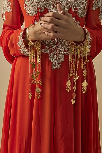 Gold Finish Kundan Polki & Pearl Strand Kaleeras (Set Of 2)