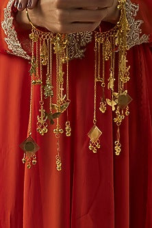 Gold Finish Kundan Polki & Pearl Strand Kaleeras (Set Of 2)