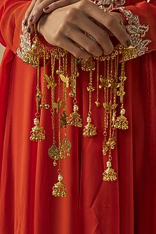 Gold Finish Kundan Polki & Pearl Strand Kaleeras (Set Of 2)