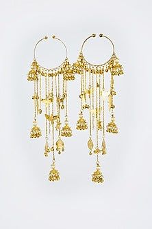 Gold Finish Kundan Polki & Pearl Strand Kaleeras (Set Of 2)