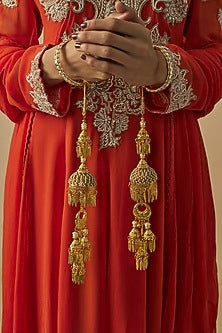 Gold Finish Kundan Polki & Pearl Strand Tying Kaleeras (Set Of 2)