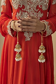 Gold Finish Kundan Polki & Pearl Strand Tying Kaleeras (Set Of 2)