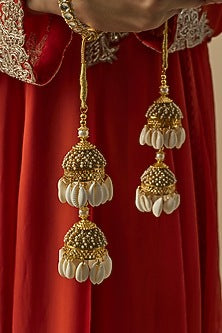 Gold Finish Kundan Polki & Pearl Strand Tying Kaleeras (Set Of 2)