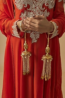 Gold Finish Kundan Polki & Pearl Strand Tying Kaleeras (Set Of 2)