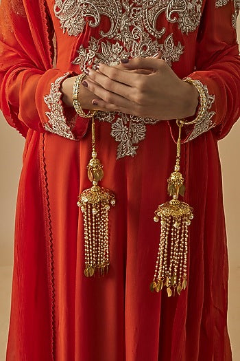 Gold Finish Kundan Polki & Pearl Strand Tying Kaleeras (Set Of 2)