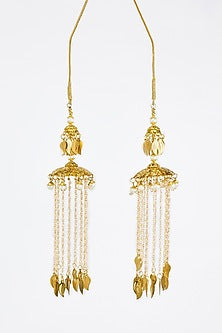 Gold Finish Kundan Polki & Pearl Strand Tying Kaleeras (Set Of 2)